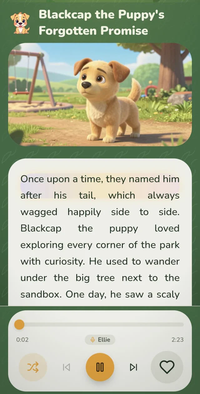 The story screen: an illustration of Blackcap the puppy in a park, the story text below it, and the audio player read by Ellie