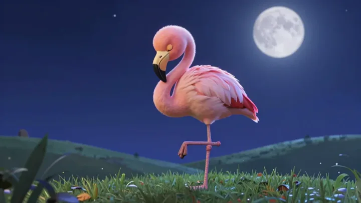 Dainty the Flamingo standing in a meadow under a full moon